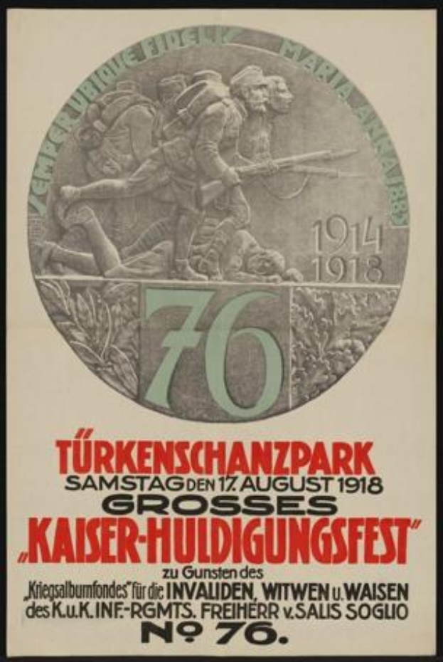 Poster for the 70th anniversary of the Kaiser-Huldigungsfest in Berlin, Germany, featuring a group of people in the center, framed in a photo frame with surrounding text and numbers.