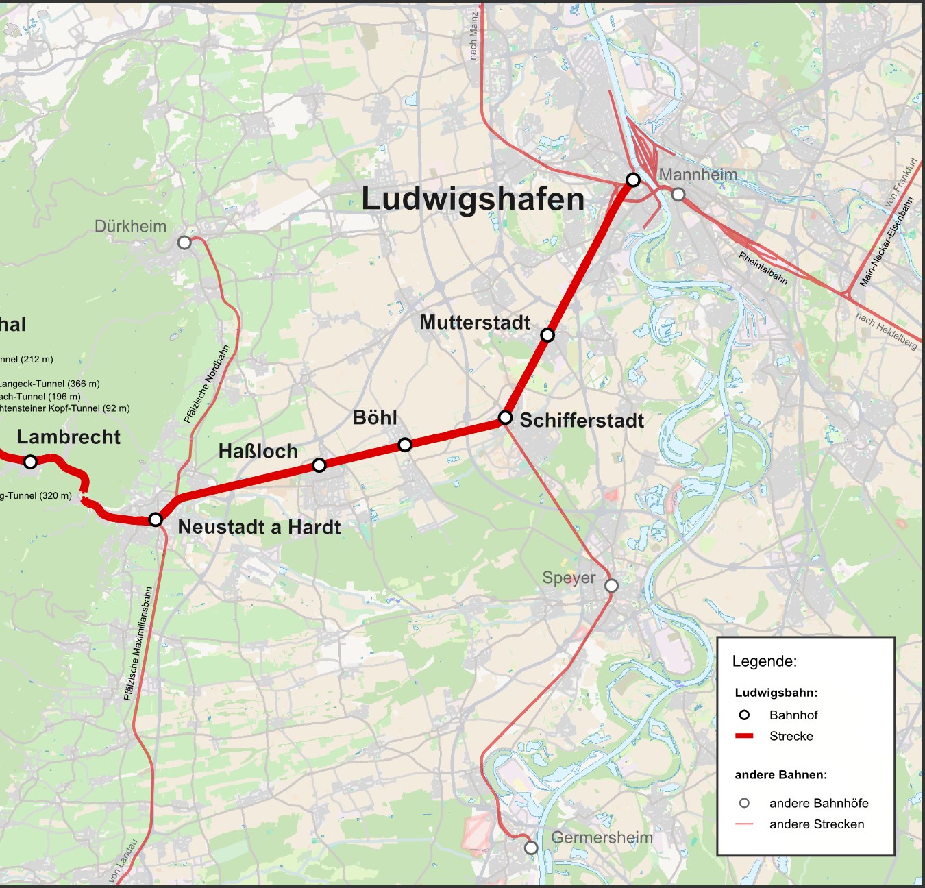 Map of Ludwigshafen, Germany, with a red line marking the train route and text providing details like train length, distance, and points of interest.