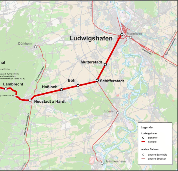 Map of Ludwigshafen, Germany, with a red line marking the train route and text providing details like train length, distance, and points of interest.