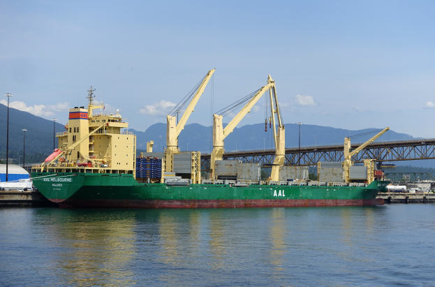 Ein großes grünes und gelbes Frachtschiff liegt neben einem Kai mit einer Brücke, Laternen, Fahrzeugen, Bäumen, Bergen und einem bewölkten Himmel im Hintergrund.