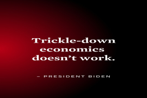 Poster with bold black text "Trickle-Down Economics Doesn't Work" on a white background framed by a thin black border, accompanied by a quote from President Biden.