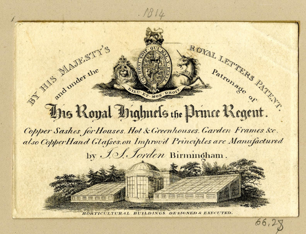 Geschäftskarte für "The Royal Highmills of the Prince Regent" mit einem Bild eines Gebäudes mit Bäumen und einem Logo.