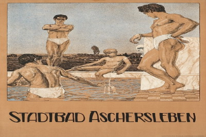 A poster for a swimming pool in Aschersleben, Germany, showing people in the water with one seated, and text about the pool's amenities.