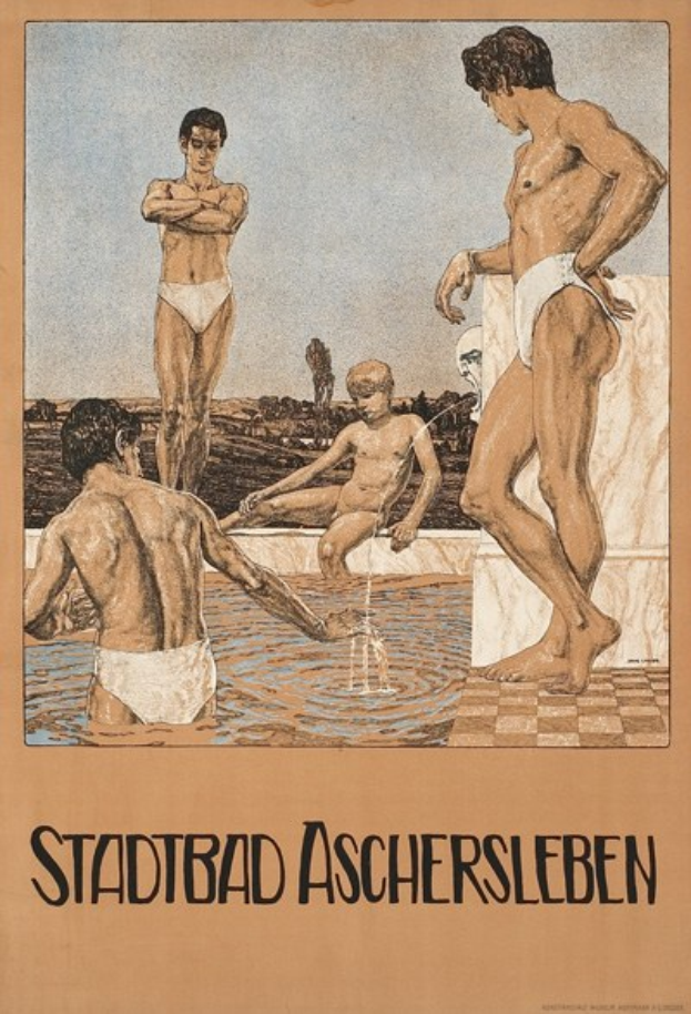 A poster for a swimming pool in Aschersleben, Germany, showing people in the water with one seated, and text about the pool's amenities.