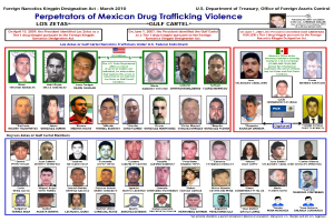 Ein Plakat mit der Aufschrift "Verbrecher der mexikanischen Drogenhandelsgewalt" mit Bildern verschiedener Personen mit ernsten Gesichtern vor einem hellblauen Hintergrund.