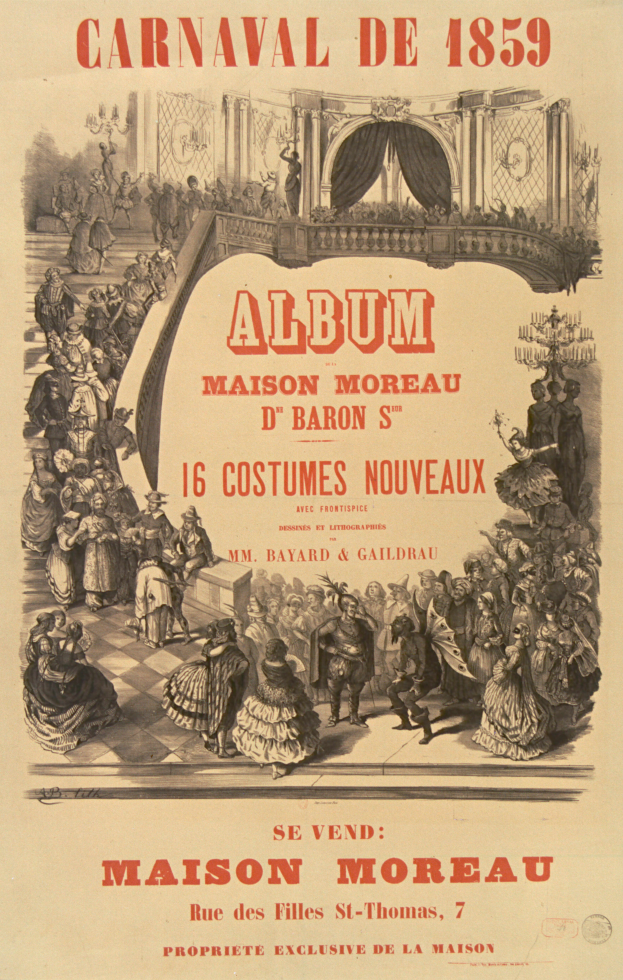 Ein Vintage-Plakat für den Karneval von 1859, das eine Gruppe von Menschen in bunten Kostümen mit beschreibendem Text zeigt.