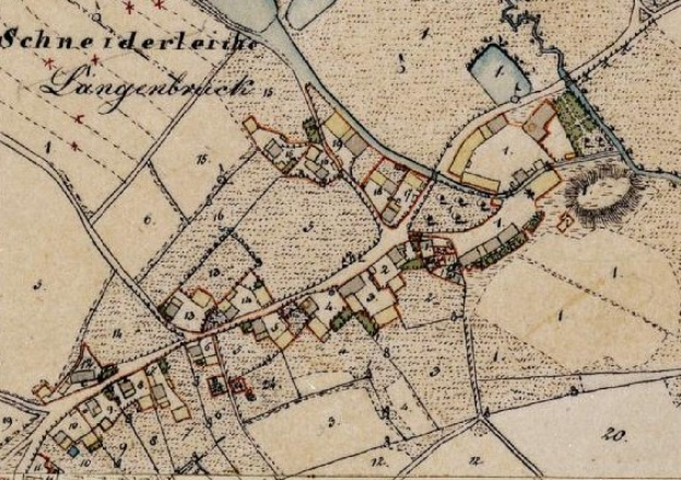 Old map of Langerbruch, Germany, centered on Schneiderläderkirche, showing streets, buildings, and surrounding area with text detailing population, landmarks, and streets.