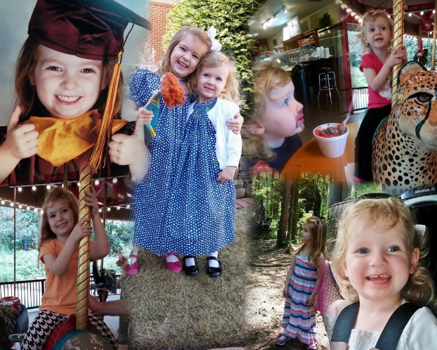 Collage mit lustigen Fahrgeschäften, Kindern, einem Tisch mit Speisen und Besteck, Lichtern, Blättern, Gras, einem Seil und einem Hut.