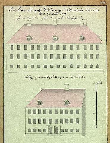 Old print of a castle with a central tower, surrounded by buildings, trees, and a bridge, labeled "Alter Thurn in der Frauenstrasse" at the bottom.