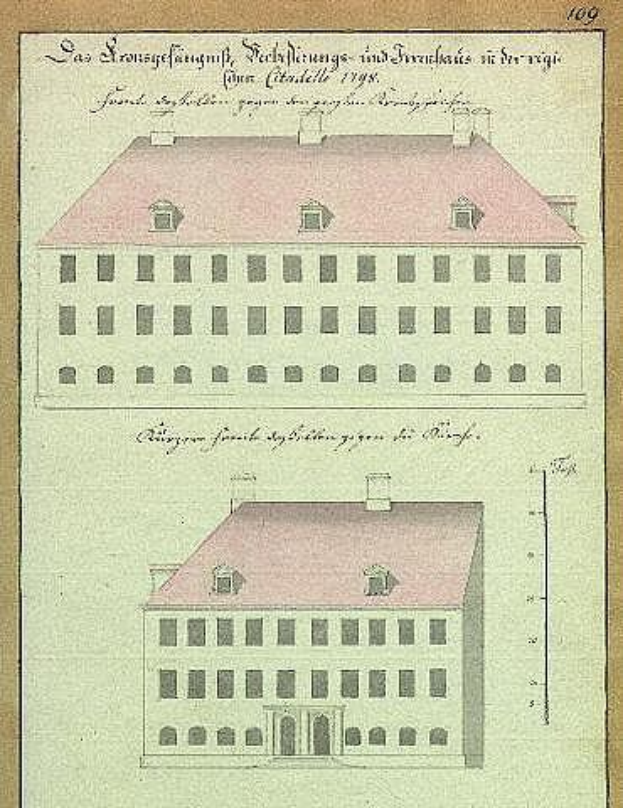 Old print of a castle with a central tower, surrounded by buildings, trees, and a bridge, labeled "Alter Thurn in der Frauenstrasse" at the bottom.