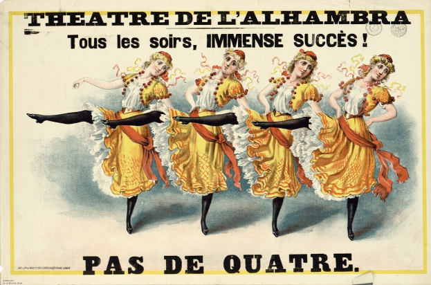 Poster for the Theatre de l'Alhambra in Paris featuring a group of women dancing in colorful dresses with bright smiles.