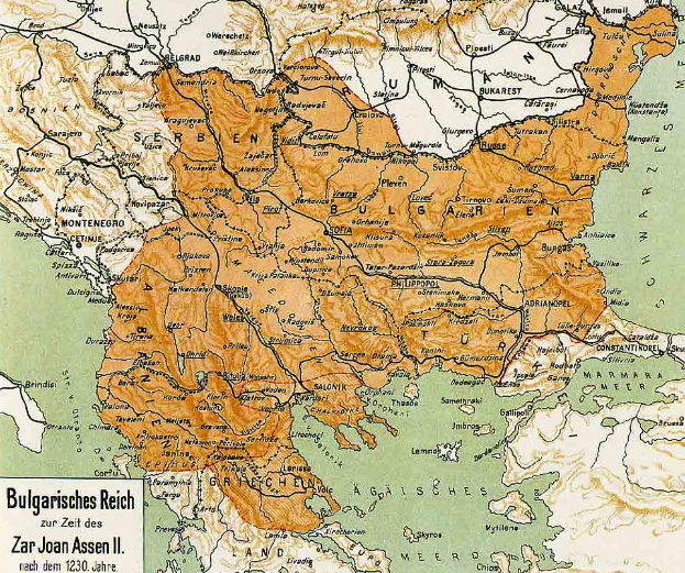Ein detaillierter Plan von Bulgarien während des Zweiten Weltkriegs, der Städte, Flüsse und geografische Merkmale zeigt, mit Text in der unteren linken Ecke.