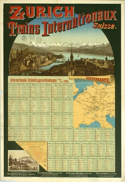 Plakat für die Zürcher S-Bahn International mit einer Karte von Zürich, Gebäuden, Wasser, Bergen und Text.