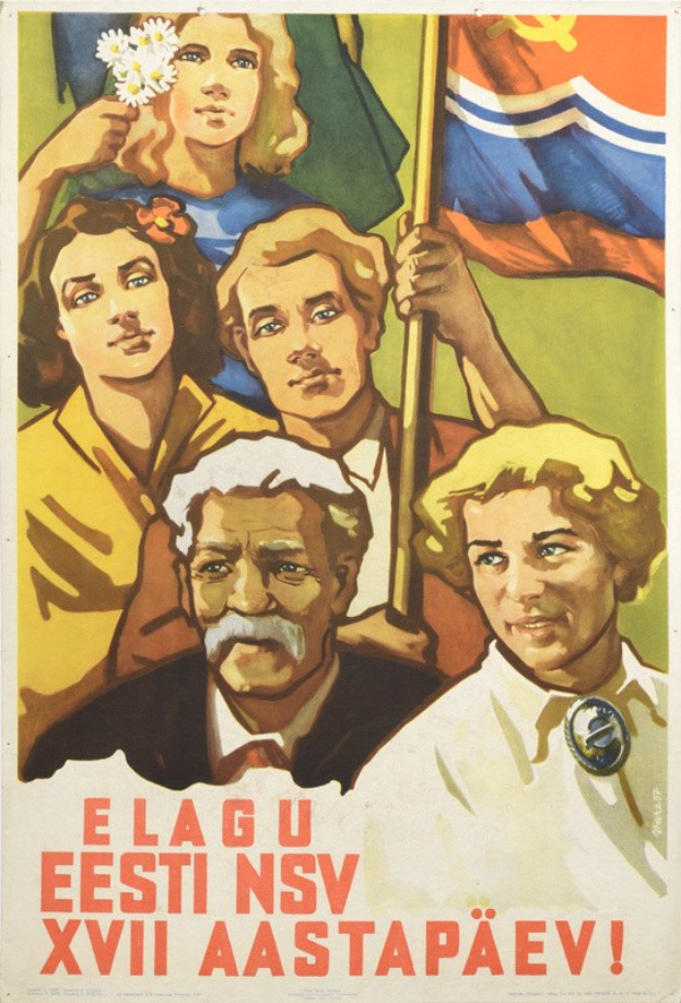 A group of people in traditional Russian clothing walking down a street, each holding a Soviet Union flag, with a commemorative USSR stamp visible beneath them.