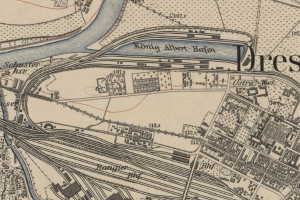 Ein altes Stadtplan von Dresden, Deutschland, mit einem Fluss, Gebäuden, Straßen und Text.