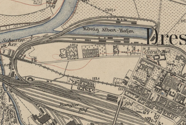 Ein altes Stadtplan von Dresden, Deutschland, mit einem Fluss, Gebäuden, Straßen und Text.