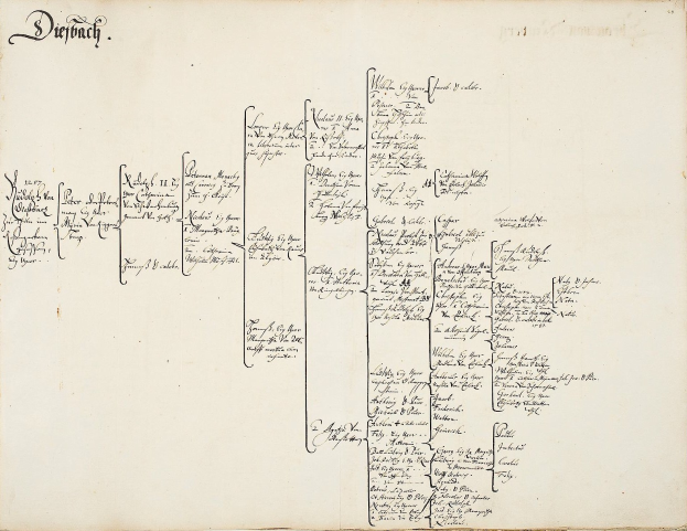Offenes Buch mit handschriftlicher genealogischer Familienbaum-Darstellung, die die Abstammungslinie einer deutschen Familie zeigt.