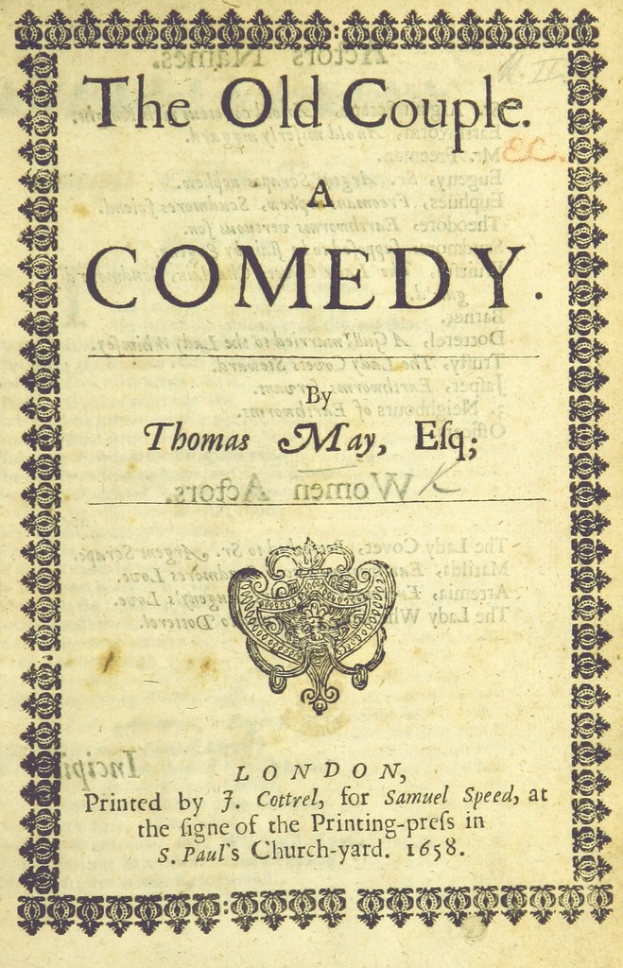 Titelblatt eines alten Buches mit dem Titel "The Old Couple: A Comedy" und einem Logo auf der Titelseite.