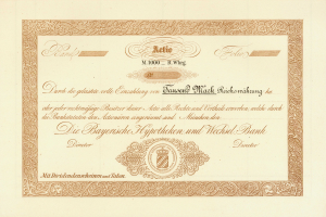 Altes Aktienzertifikat mit goldenem Rand und Porträt eines Mannes
