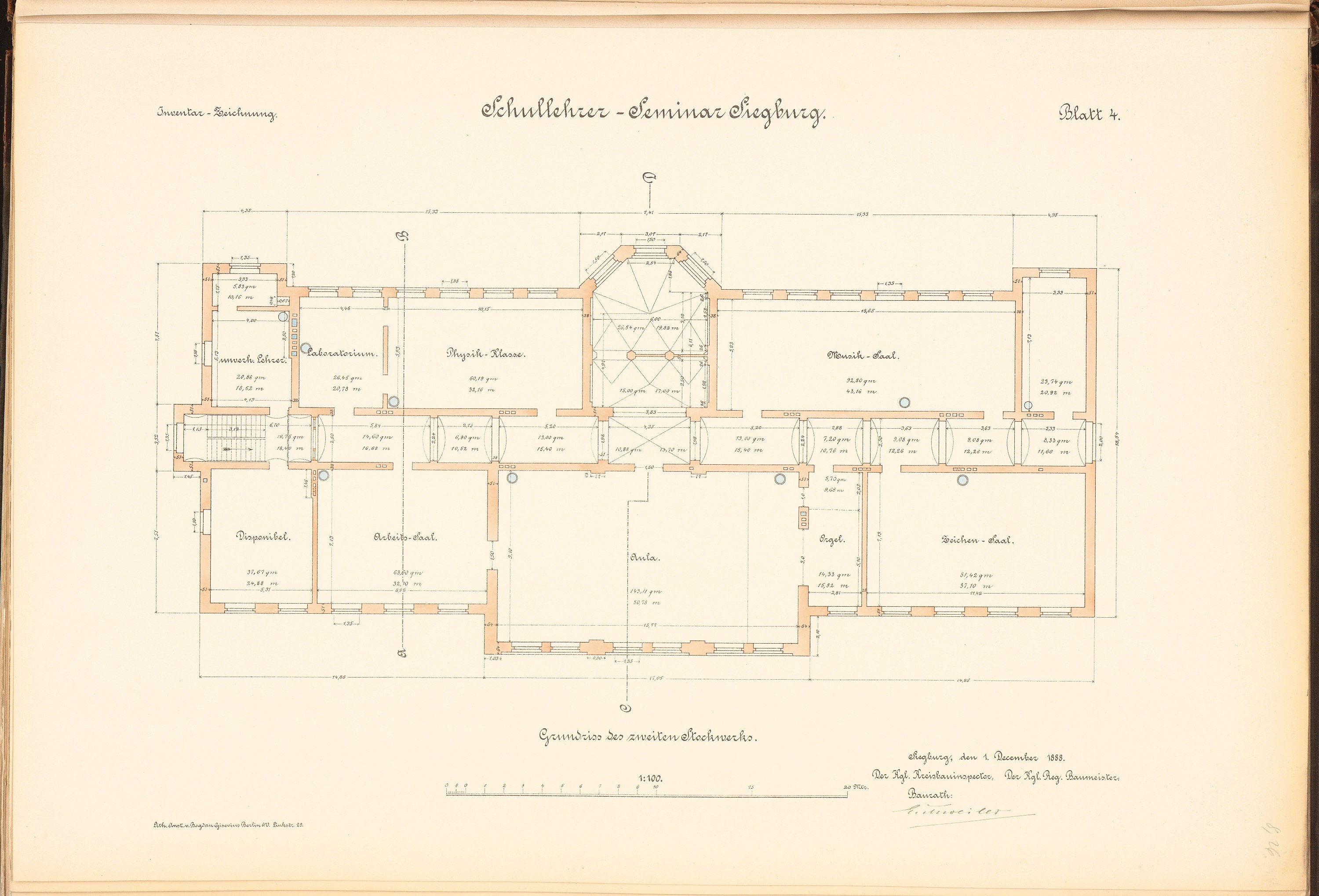 A detailed floor plan drawing of the Schullacher-Seminar Schütze, a German school building, shown in an old book with visible text and architectural features like windows and doors.