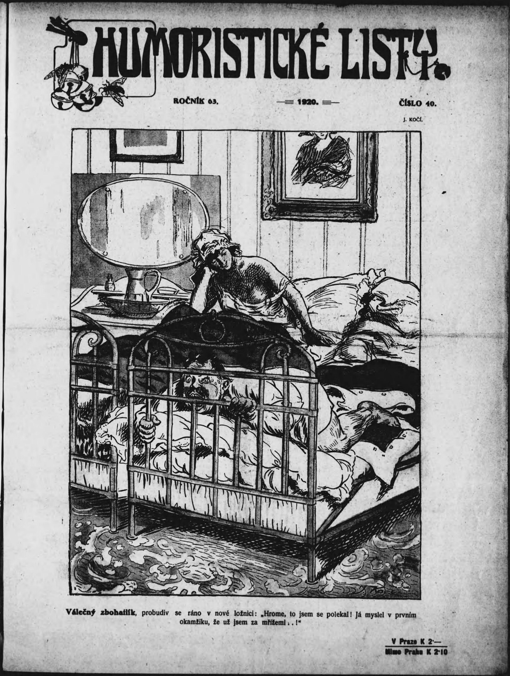 Schwarzer und weißer Zeichnung einer Person, die auf einem Bett liegt, mit einem Spiegel auf dem Nachttisch und einem Rahmen an der Wand, begleitet von Text, der "humoristicke list - tschechische republik - april 20, 1920" an der Ober- und Unterseite liest.