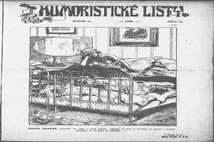 Schwarzer und weißer Zeichnung einer Person, die auf einem Bett liegt, mit einem Spiegel auf dem Nachttisch und einem Rahmen an der Wand, begleitet von Text, der "humoristicke list - tschechische republik - april 20, 1920" an der Ober- und Unterseite liest.