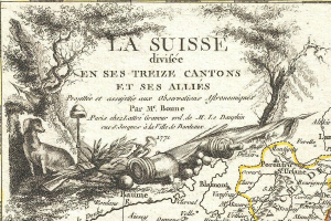 Ein Plakat, das eine Karte der Schweizer Landschaft mit Bäumen, Tieren und anderen Gegenständen zeigt, begleitet von Text.