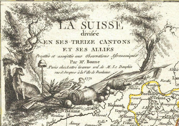 Ein Plakat, das eine Karte der Schweizer Landschaft mit Bäumen, Tieren und anderen Gegenständen zeigt, begleitet von Text.