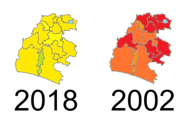 Karte von Deutschland, die die provinziellen Grenzen von 2002 in rot und 2018 in gelb hervorhebt, mit orangefarbenen Bereichen, die sich überschneiden, auf einem weißen Hintergrund mit Text.