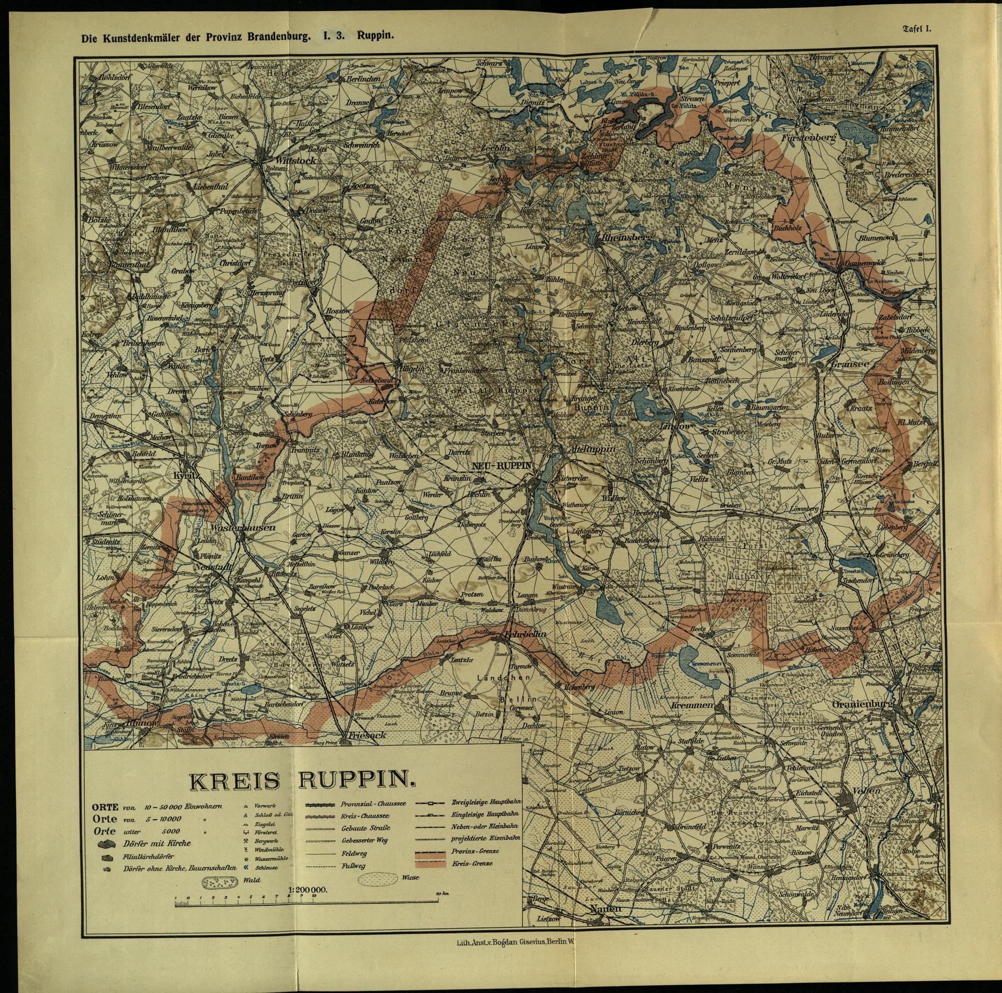 Detailed old map of Kreis Ruppin, Germany, on a black background, showing streets, buildings, landmarks, and textual information about the city.