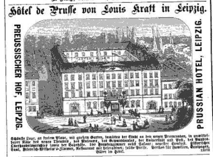 Black-and-white advertisement for a Leipzig hotel, showing the building, trees, and people with descriptive text.