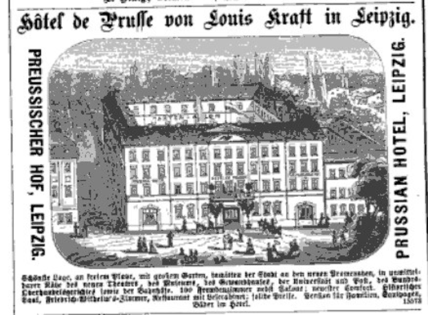 Black-and-white advertisement for a Leipzig hotel, showing the building, trees, and people with descriptive text.
