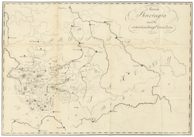 Eine Papierkarte des Königreichs Thüringen und der umliegenden Länder mit Text zur Beschreibung der Grenzen und Länder.