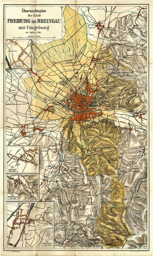 Alte detaillierte Karte von Freiburg, Deutschland, mit Text oben und unten, die Straßen, Gebäude und Sehenswürdigkeiten zeigt.