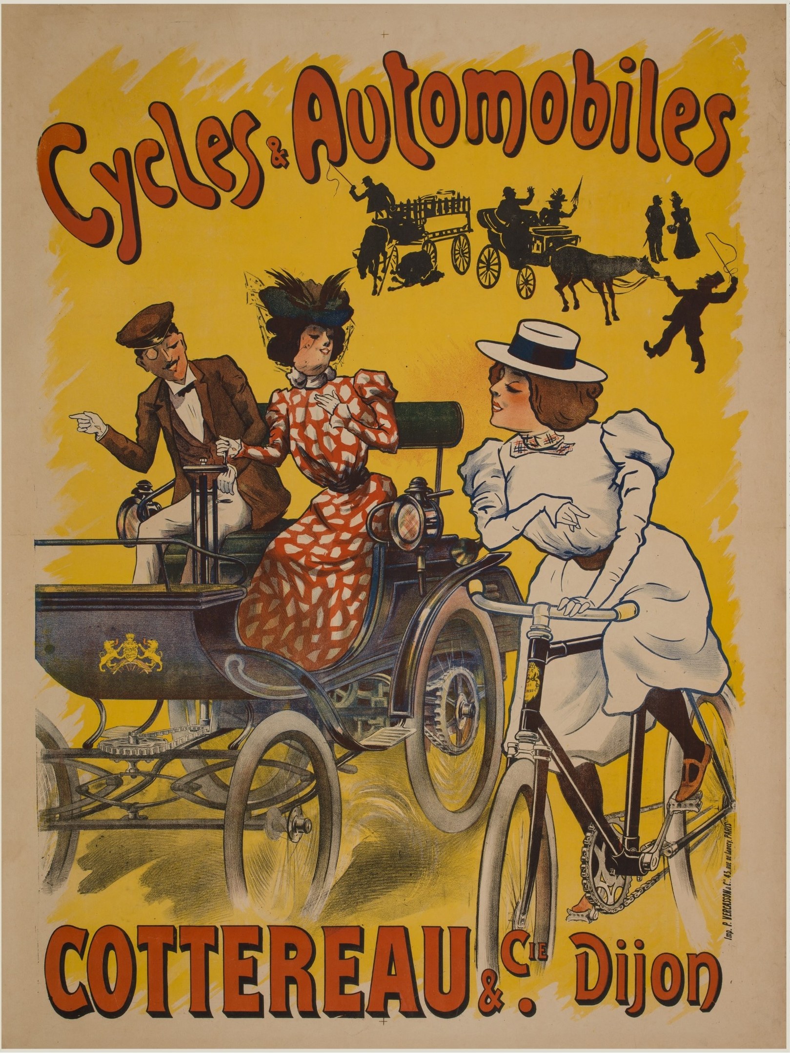 Plakat, das Fahrräder und Automobile in Cottereau und Dijon, Frankreich, zeigt, mit Menschen, die Fahrräder fahren und eine Kutsche