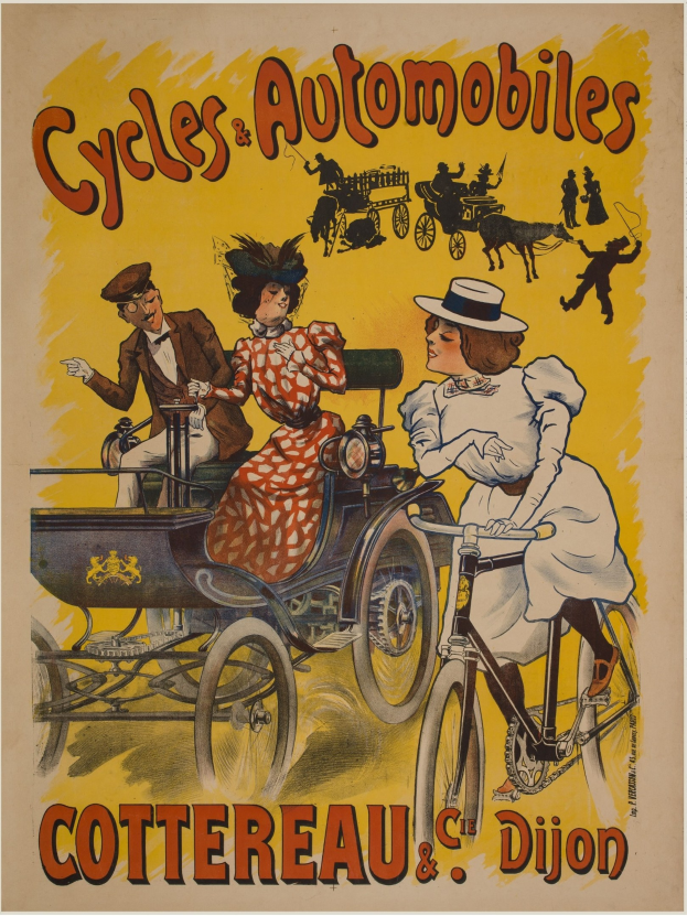 Plakat, das Fahrräder und Automobile in Cottereau und Dijon, Frankreich, zeigt, mit Menschen, die Fahrräder fahren und eine Kutsche