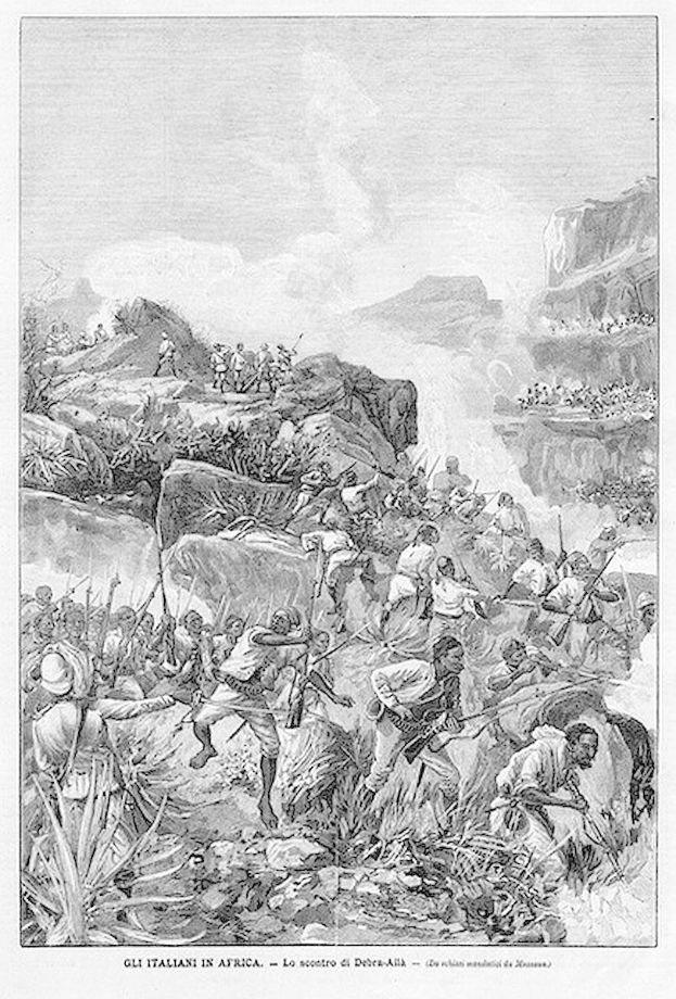 Black and white engraving depicting a battle scene in a mountainous area with hills and clouds in the background, featuring armed individuals and text at the bottom reading "Gli Italiani in Africa - La scootro di devera-aba".