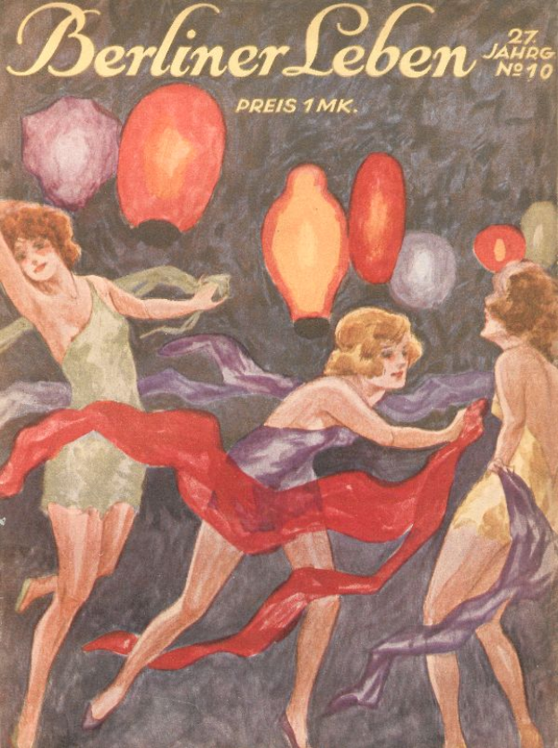 Ein Magazin-Cover mit einem Bild von drei Frauen in bunten Kleidern, die mit ausgestreckten Armen tanzen und von farbigen Ballons umgeben sind, mit dem Text "Berliner Leben", der wahrscheinlich den Titel der Zeitschrift angibt.
