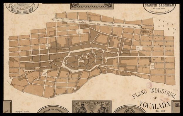 Old map of Yucatan, Mexico, with a black border, showing detailed streets, buildings, and landmarks, including textual information about population and locations.