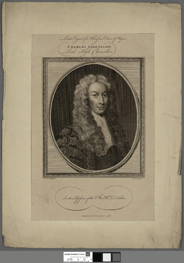 Porträt von Charles Lord Talbot, Lord High Chancellor, mit langen Locken, dargestellt auf einem Stück Papier mit Text.