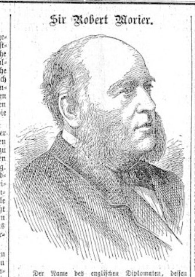 Eine Schwarz-Weiß-Zeichnung eines bärtigen Mannes, der mutmaßlich Robert Morier ist, der auf einem Blatt Papier steht, auf dem likely seine Errungenschaften und Beiträge zur Deutschen Revolution beschrieben sind.