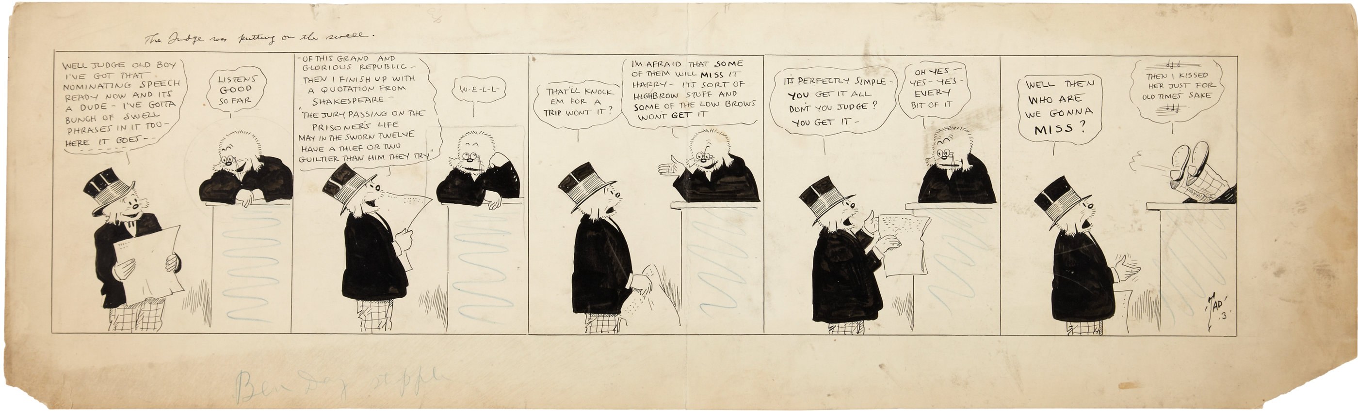 Ein Comic-Stripen-Panel mit einem Mann in einem Zylinder und einer Frau in einem Kleid, die in eine Diskussion vertieft sind, wobei der Mann ein Blatt Papier hält.