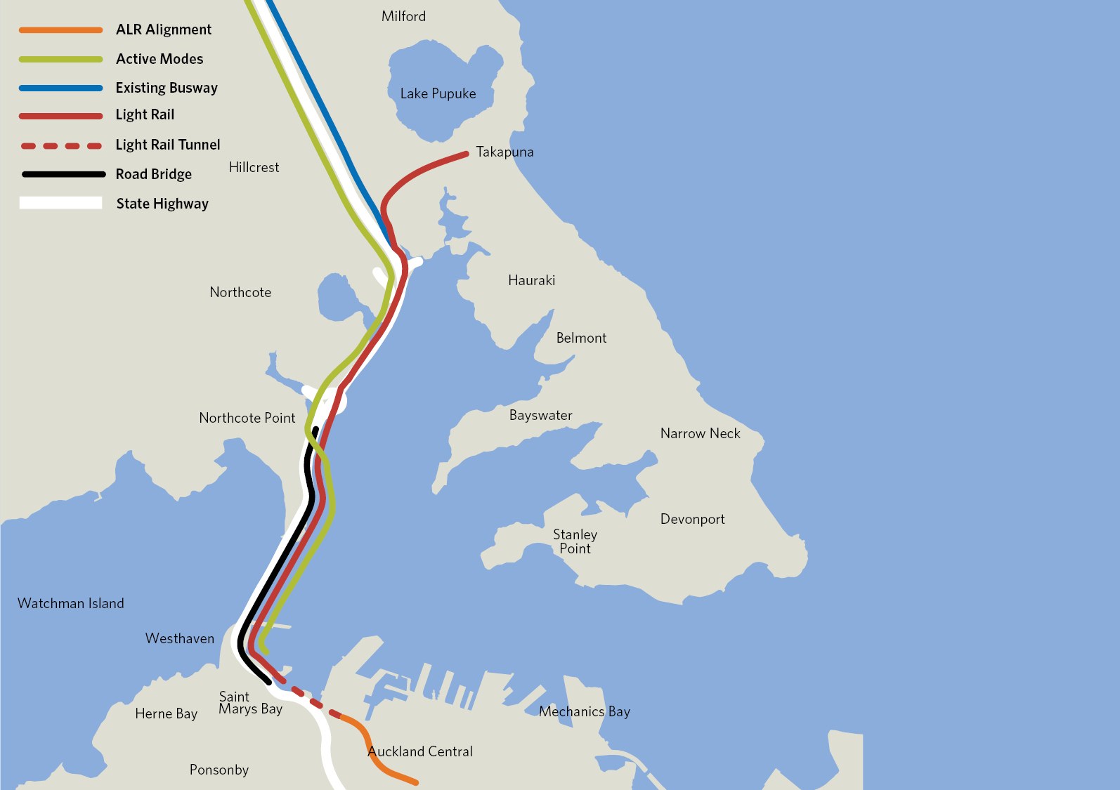 Detailierte Stadtkarte mit einer roten Linie, die eine vorgeschlagene Bahnroute markiert, einschließlich Haltestellen und Umgebung mit Textbeschriftungen für Städte und Entfernungen.