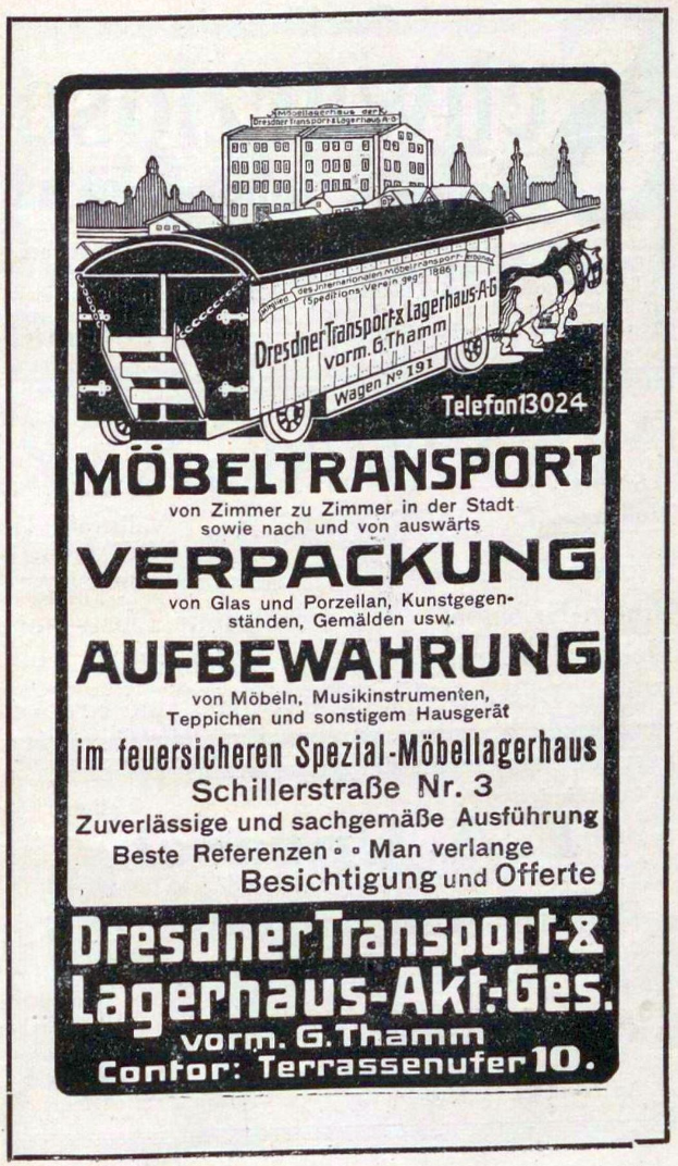 Advertisement for a train featuring a train image, text reading "Dresdner Transport & Lagerhaus-Akt-Ges", and a few buildings in the background.