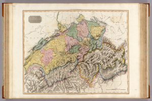 Ein altes Buch mit einer detaillierten Karte von Schweiz und den umliegenden Regionen, begleitet von beschreibendem Text.