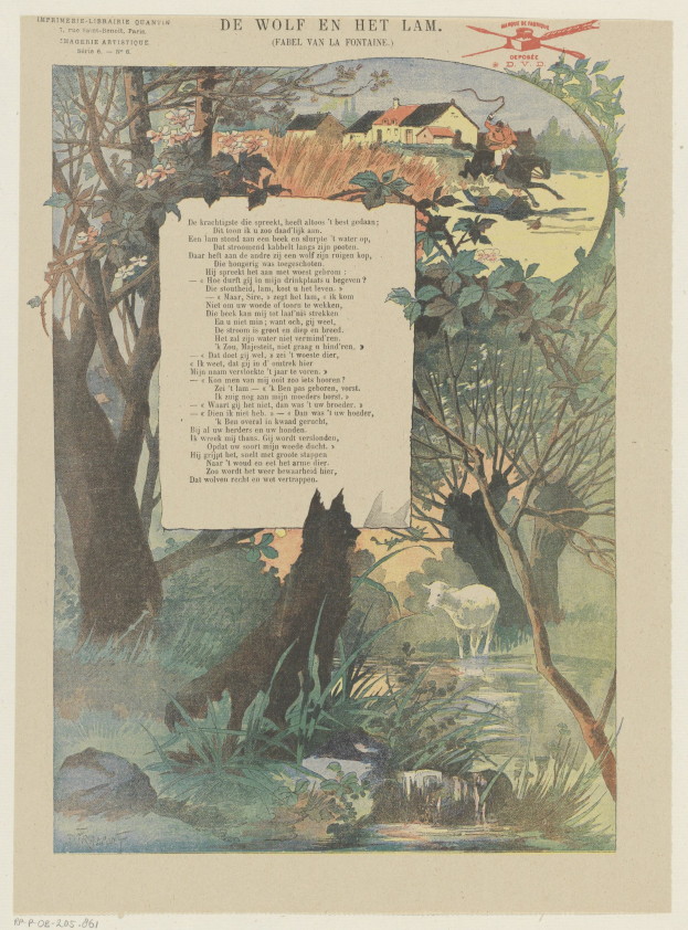 An old book with an illustration of a wolf in a wooded landscape, featuring trees, plants, grass, water, animals, houses, and a sky, alongside text on the pages.