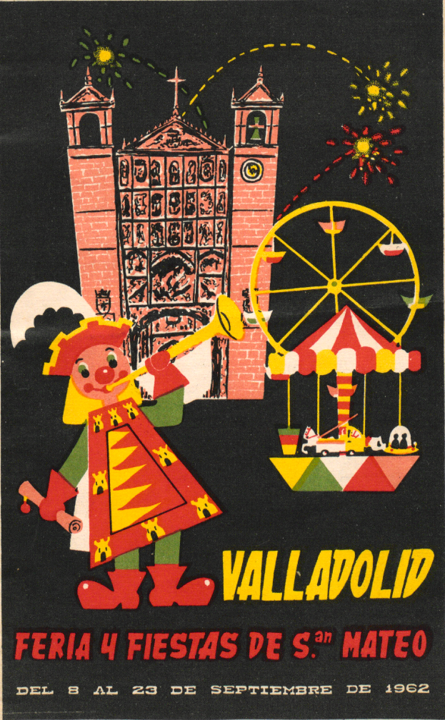 Ein buntes Karnevalsposter mit einem Gebäude, einem Riesenrad, einem Spielzeug und Text, das ein Karnevalsfest in Valladolid, Spanien, ankündigt.