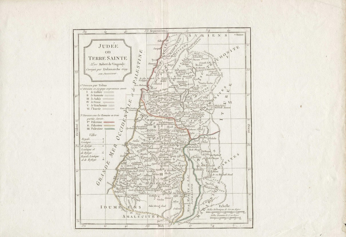 An old book featuring a detailed map of Israel with provinces, cities, and accompanying text.