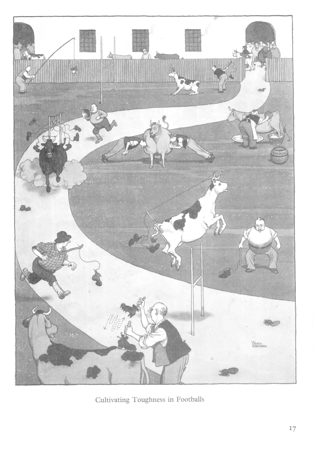 Eine Schwarz-Weiß-Zeichnung von Menschen und Tieren in einem Feld mit einer Wand und Fenstern im Hintergrund und Text unten mit der Aufschrift 'Zähigkeit im Fussball kultivieren'.