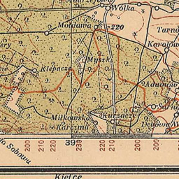 Ein detaillierter alter Stadtplan von Kielce, Polen, der Straßen, Gebäude und Sehenswürdigkeiten mit Text und Nummern zeigt, die den Standort der Stadt angeben.